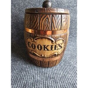Treasure Craft Cookie Jar Faux Wood Barrel Made in USA Vintage Cottagecorp